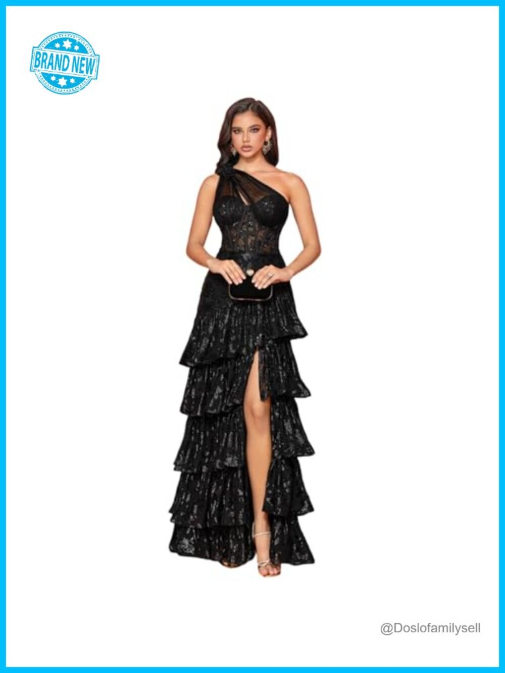 One Shoulder Maxi Dress Embroidered Sequin Formal Prom Gown